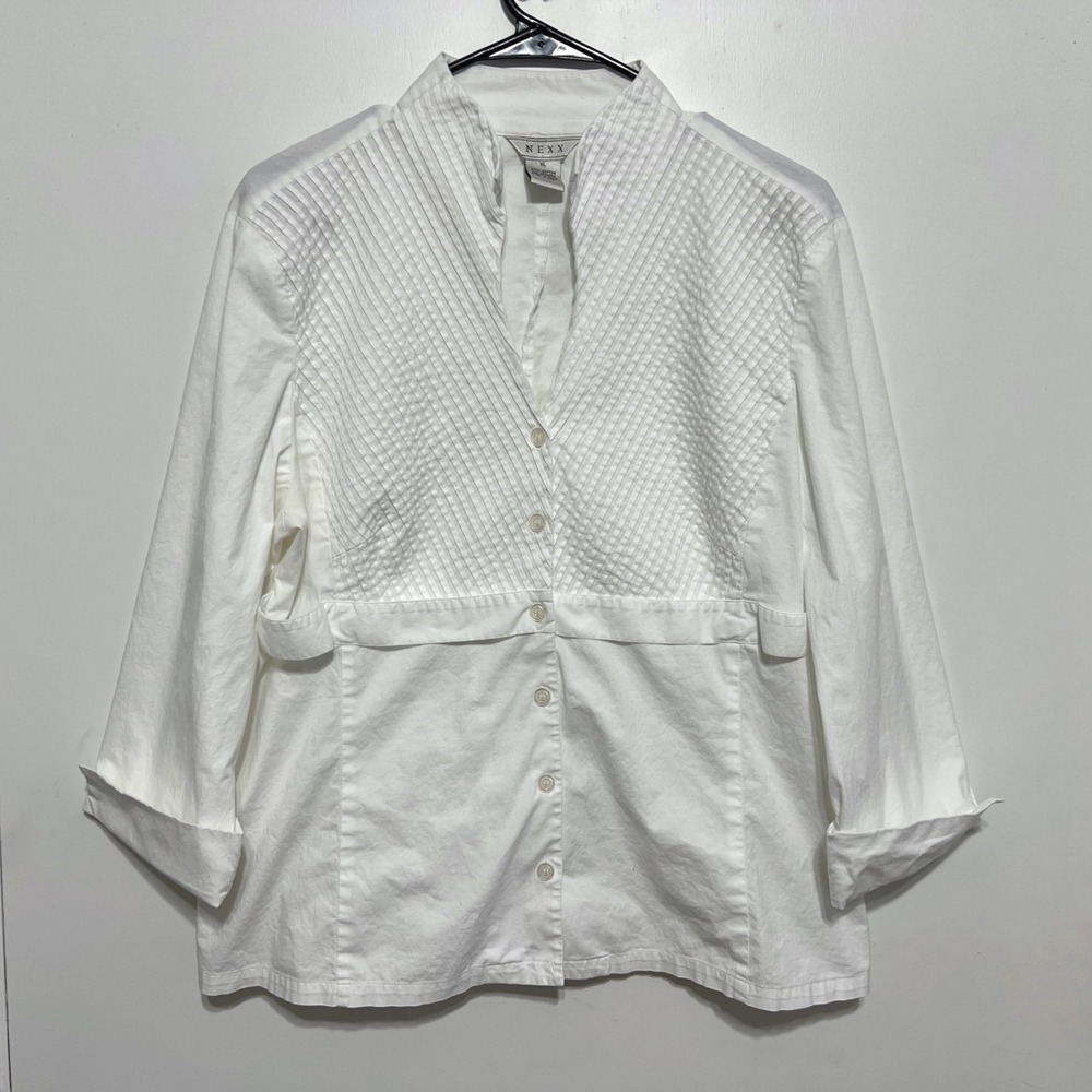 NEXX Button Down Womens XL White Pintuck Seersucker Stretch Cotton Top‎ Vintage